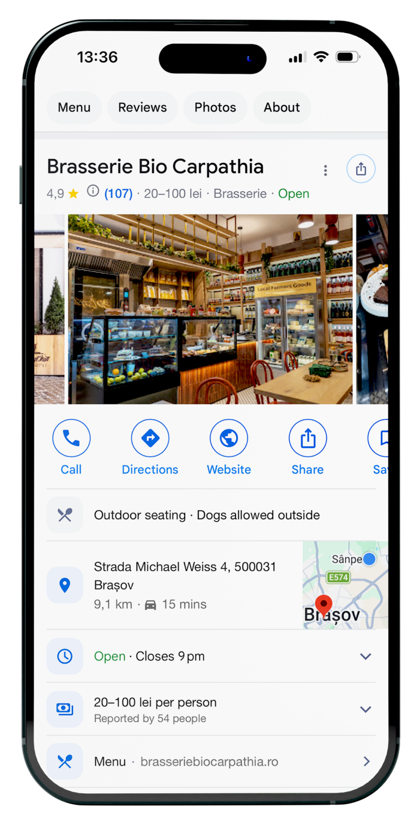 Profilul Google Business al Brasserie Bio Carpathia, văzut pe telefon
