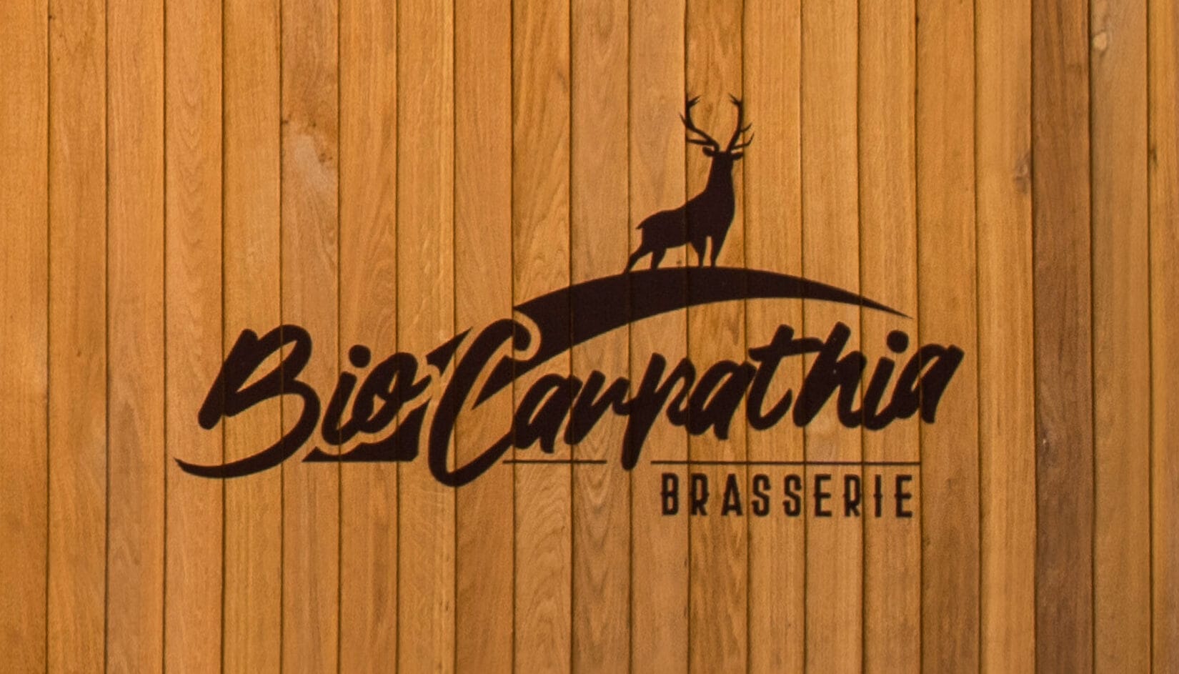 Logo-ul Brasserie Bio Carpathia aplicat pe lemnul unei jardiniere