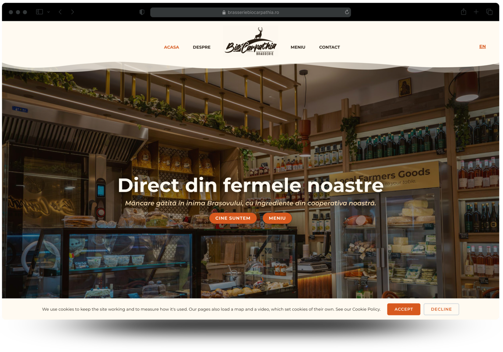 Pagina principală brasseriebiocarpathia.ro, cu titlul Direct din fermele noastre