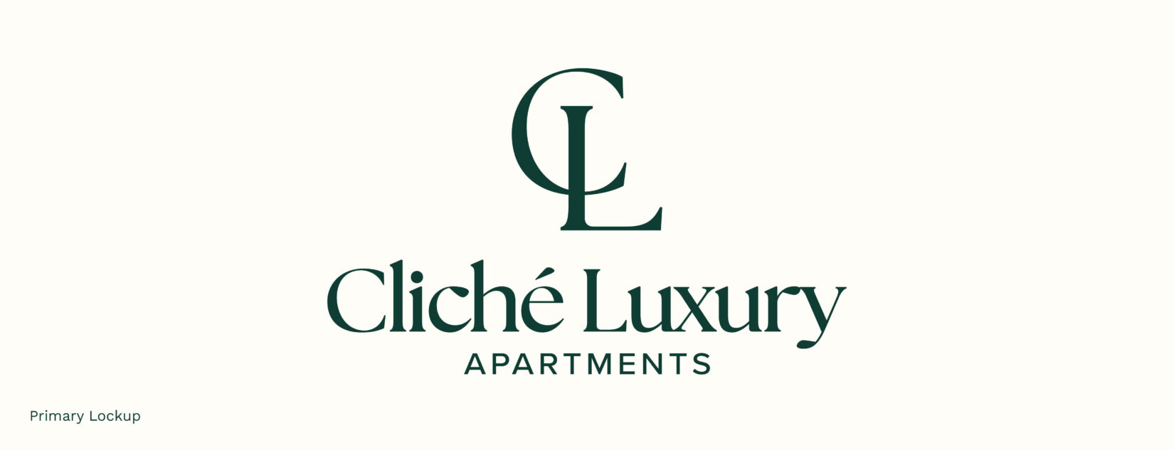 Logo-ul principal Cliché Luxury Apartments, cu simbolul C și L, în verde pe fundal alb cald