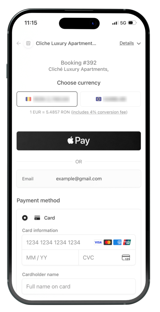 Pagina de plată Stripe pentru o rezervare Cliché Luxury, pe telefon