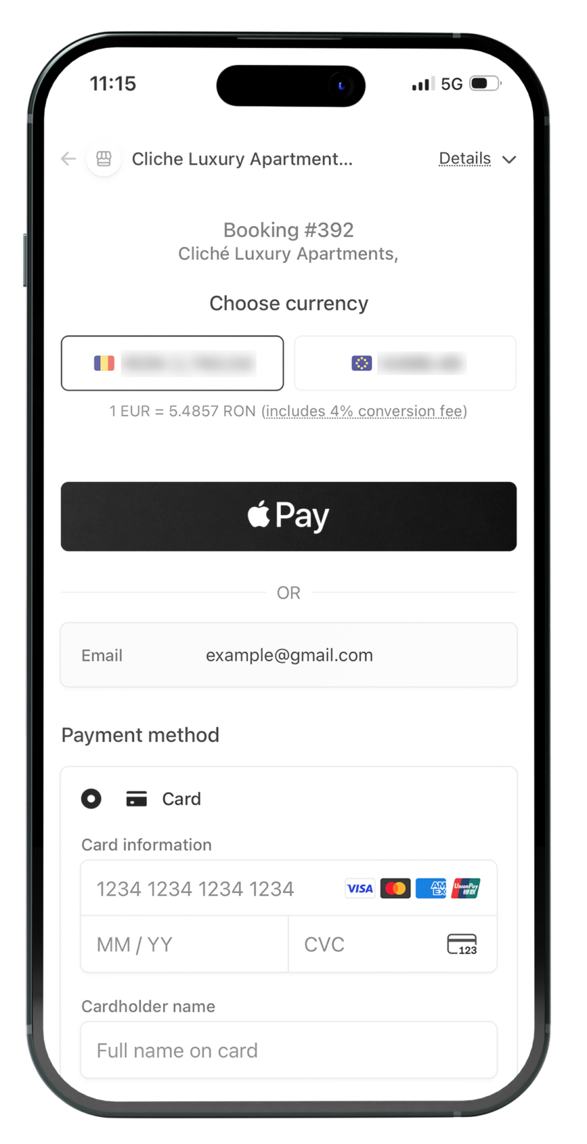 Pagina de plată Stripe pentru o rezervare Cliché Luxury, pe telefon